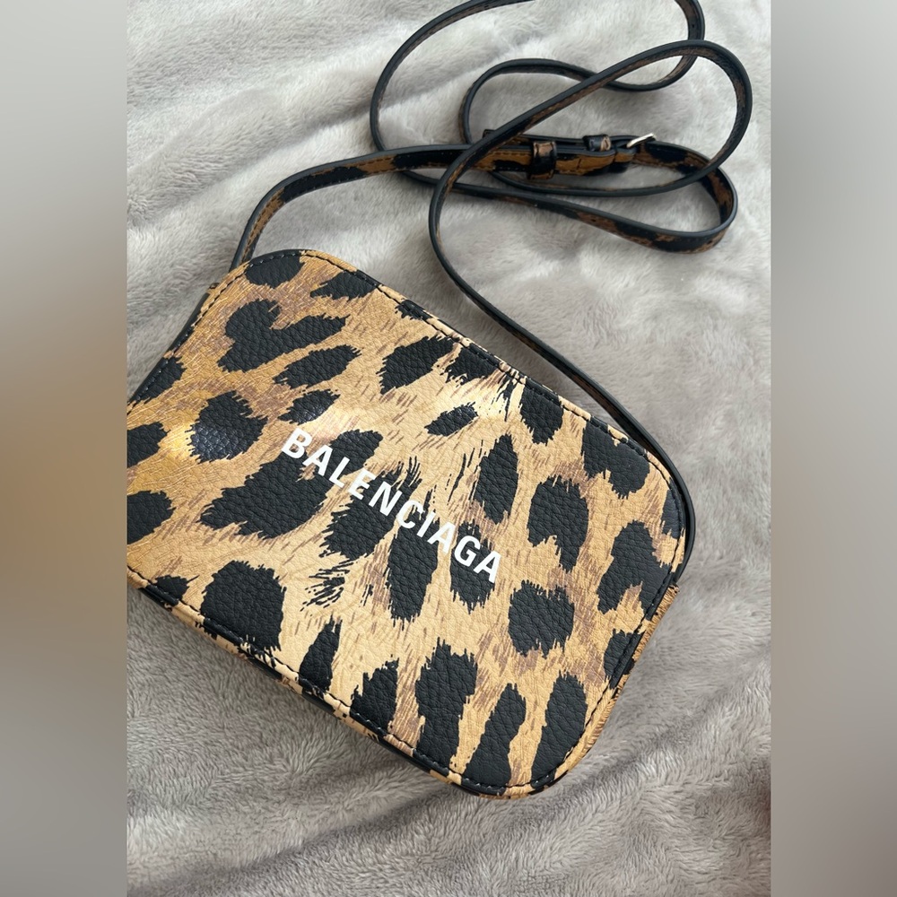 BALENCIAGA Calfskin Logo Printed Leopard XS Everyday Camera Crossover Bag